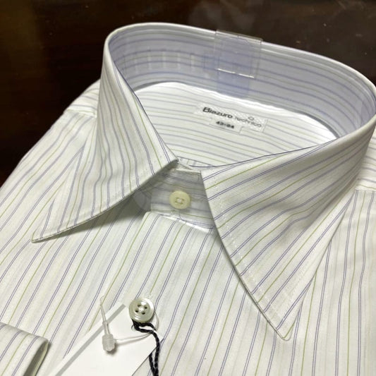 Biazuro Technico Shape-Stable Dress Shirt LL White/Teal Stripes New