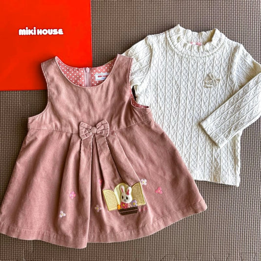 Used Mikihouse Jumper Skirt & Cable Knit Long Sleeve T-Shirt Set 80