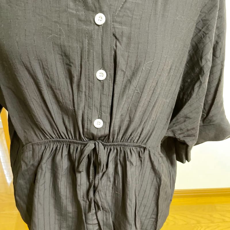 Black Waist Mark Drawstring Style Shirt Blouse L Size