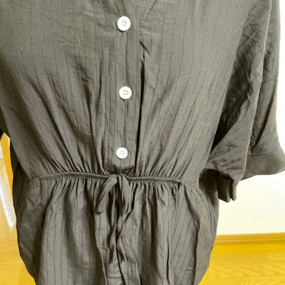 Black Waist Mark Drawstring Style Shirt Blouse L Size