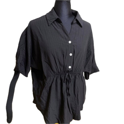 Black Waist Mark Drawstring Style Shirt Blouse L Size