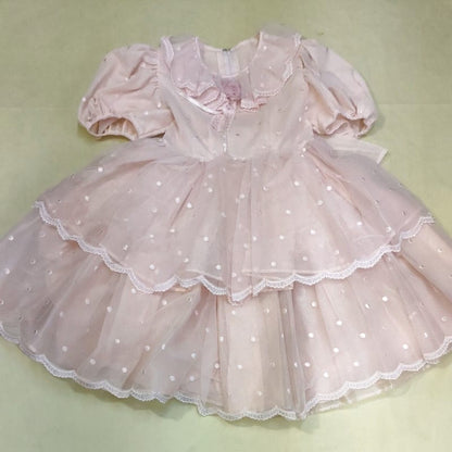 Pink Polka Dot Kids Dress with Puff Sleeves 130