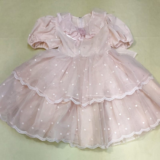 Pink Polka Dot Kids Dress with Puff Sleeves 130