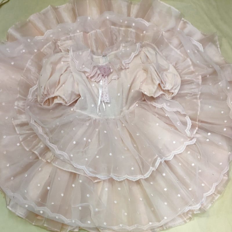 Pink Polka Dot Kids Dress with Puff Sleeves 130