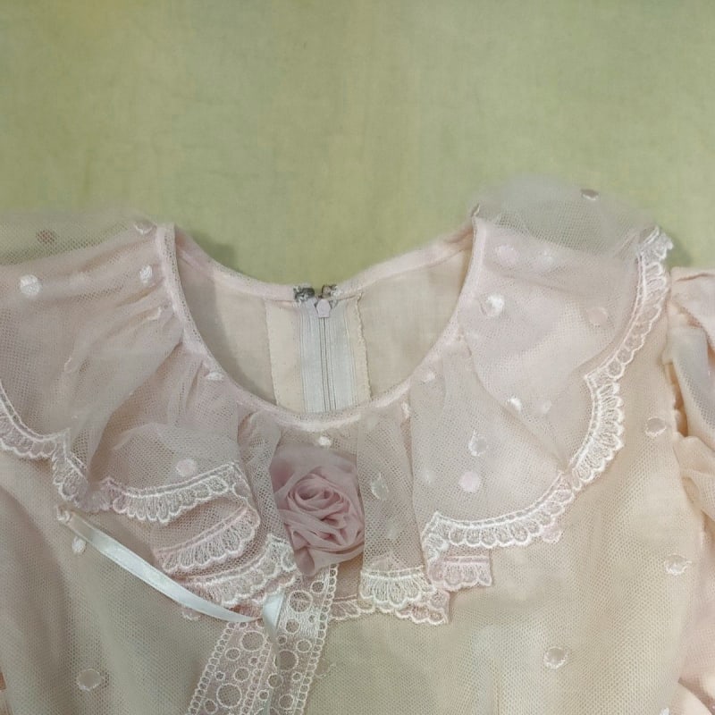 Pink Polka Dot Kids Dress with Puff Sleeves 130