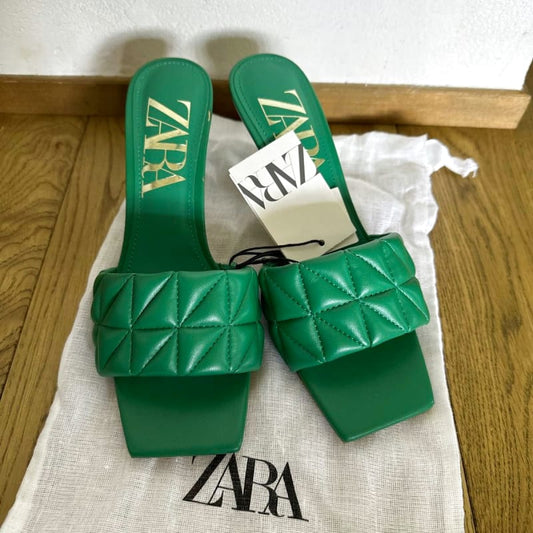 Zara Quilted Mule Sandals Green