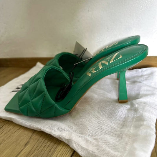 Zara Quilted Mule Sandals Green
