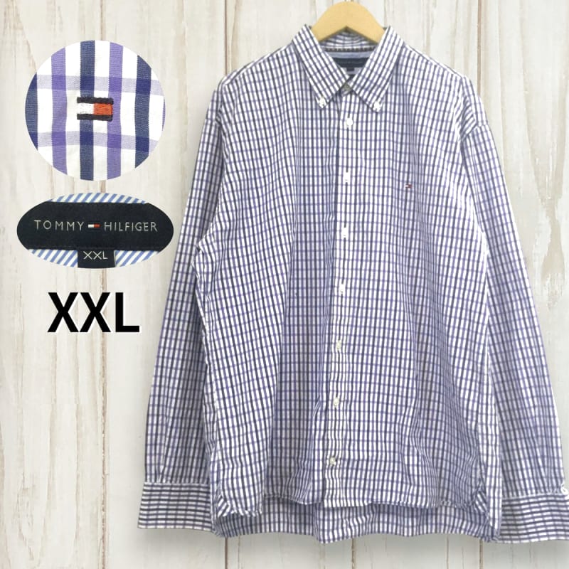 Tommy Hilfiger Logo Embroidered Check Long Sleeve Shirt 2XL Blue Vintage