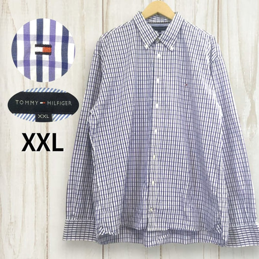 Tommy Hilfiger Logo Embroidered Check Long Sleeve Shirt 2XL Blue Vintage