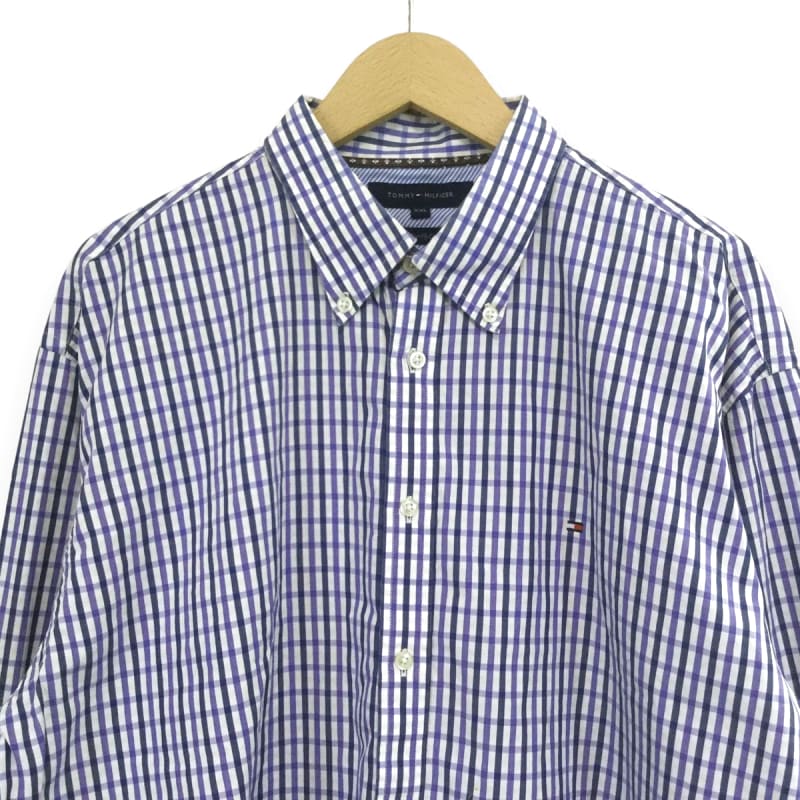 Tommy Hilfiger Logo Embroidered Check Long Sleeve Shirt 2XL Blue Vintage