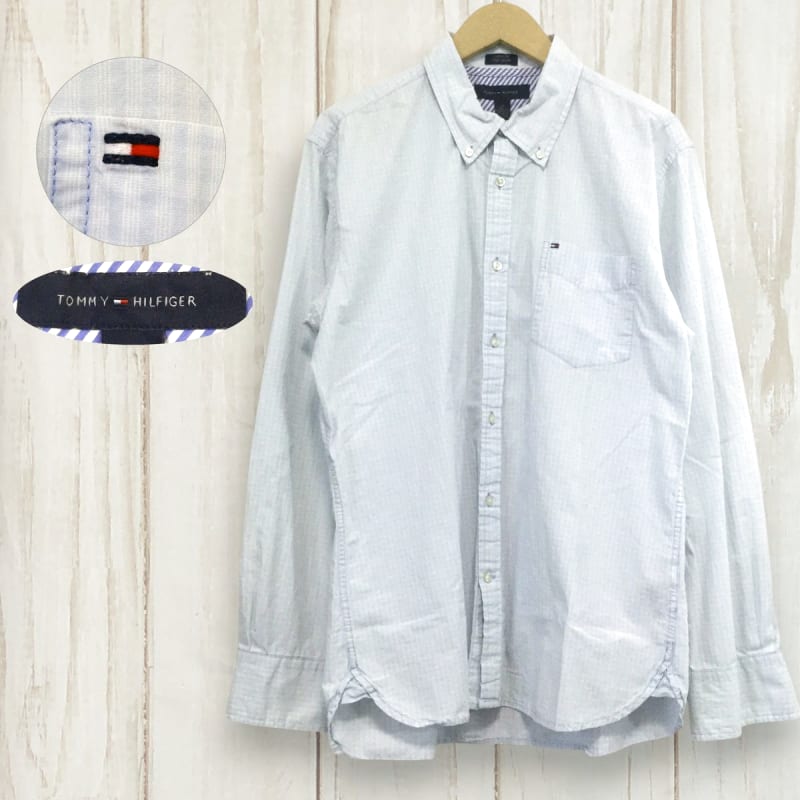 Tommy Hilfiger Check Logo Embroidered Long Sleeve Shirt L Light Blue