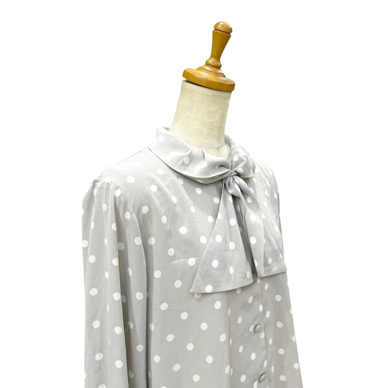 Showa Retro Long Sleeve Blouse Dot Pattern Bow Tie Vintage