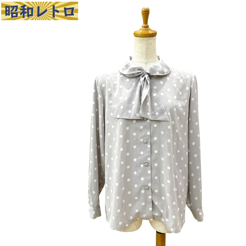 Showa Retro Long Sleeve Blouse Dot Pattern Bow Tie Vintage