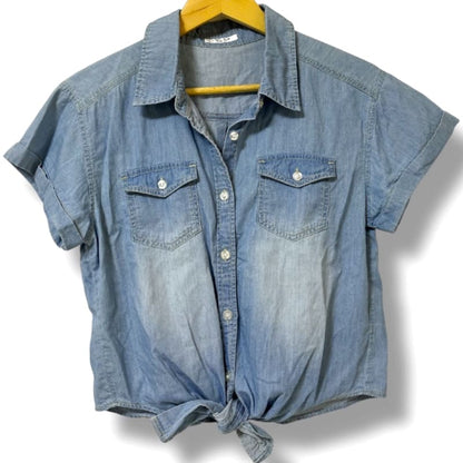 Denim Shirt Front Tie Short Sleeve Casual Blue Women's