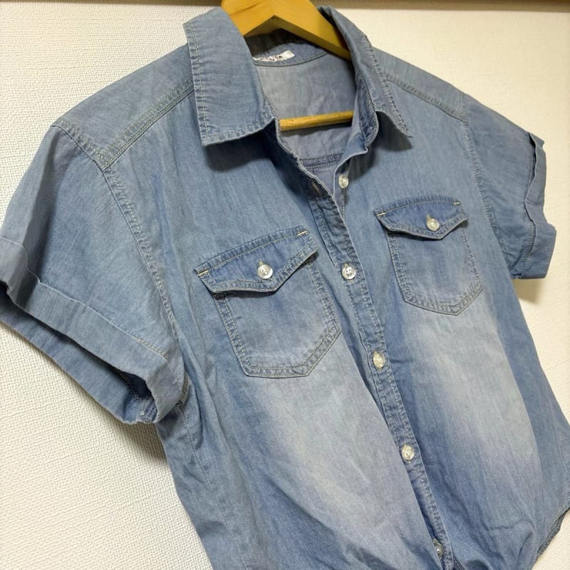 Denim Shirt Front Tie Short Sleeve Casual Blue Women's