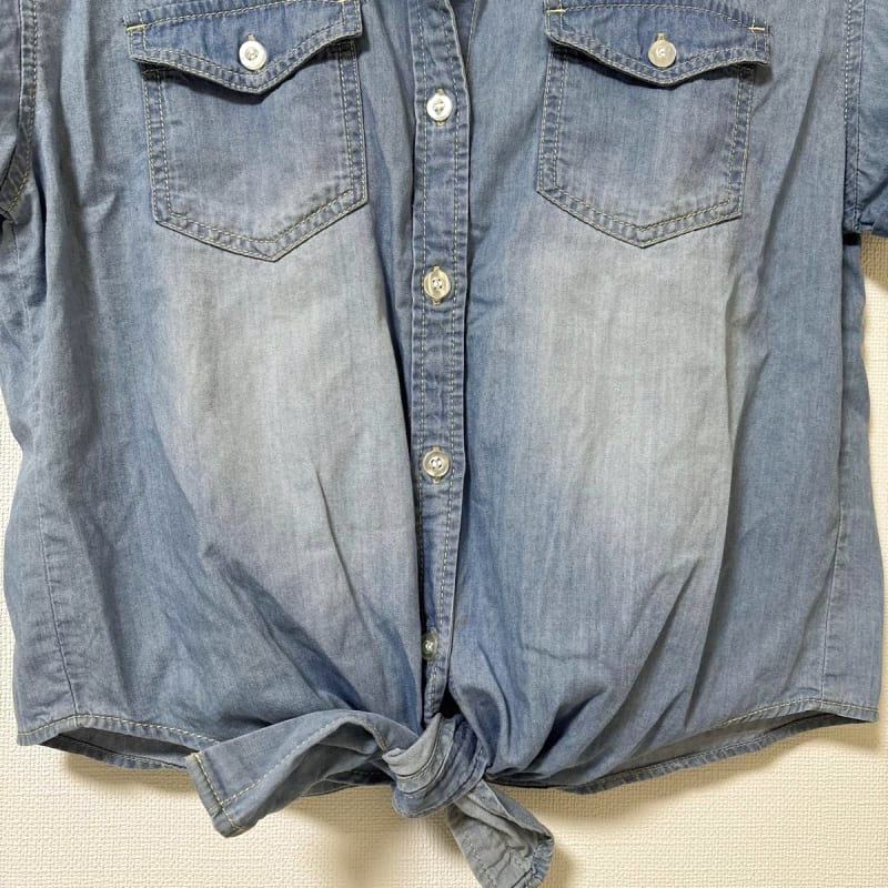 Denim Shirt Front Tie Short Sleeve Casual Blue Women's