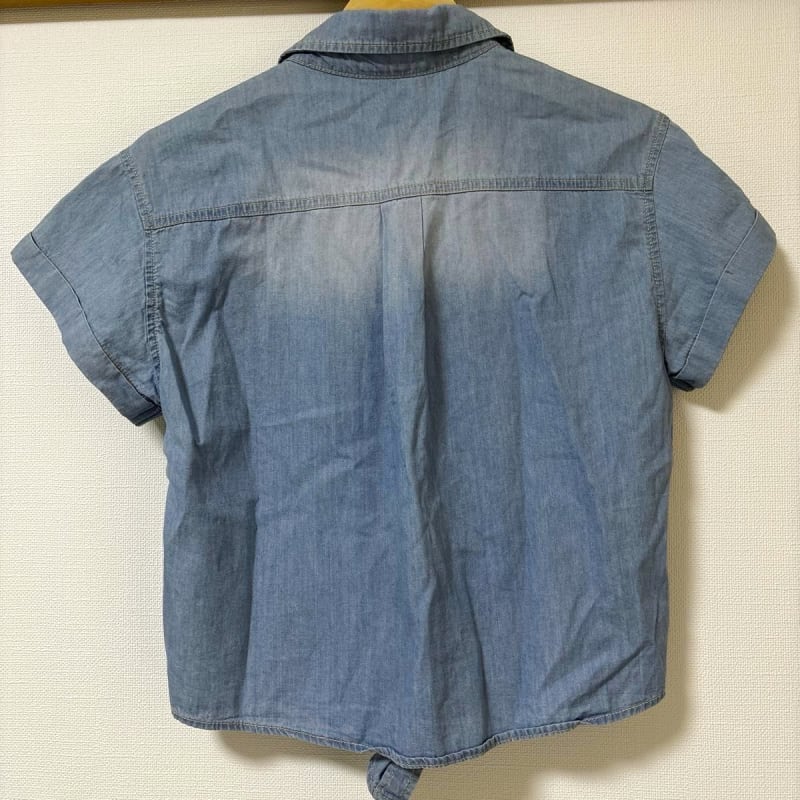 Denim Shirt Front Tie Short Sleeve Casual Blue Women's