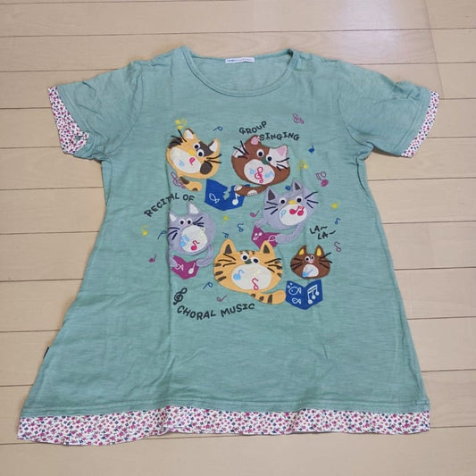 Cat Pattern T-Shirt Music Design Green Short Sleeve