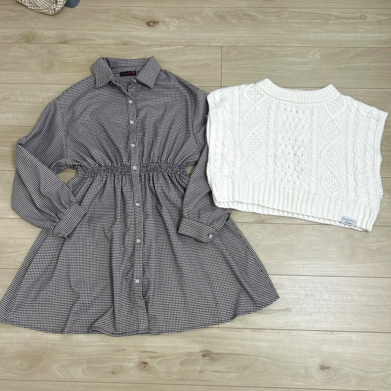 Check Shirt Dress with Cable Knit Vest Set