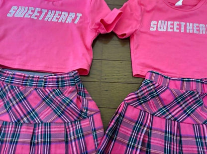Pink Crop Top & Check Skirt Twin Set