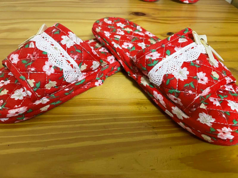 Room Shoes Home Slippers 2-Pair Set Red Floral Pattern