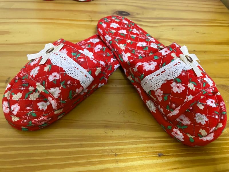 Room Shoes Home Slippers 2-Pair Set Red Floral Pattern