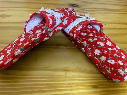 Room Shoes Home Slippers 2-Pair Set Red Floral Pattern