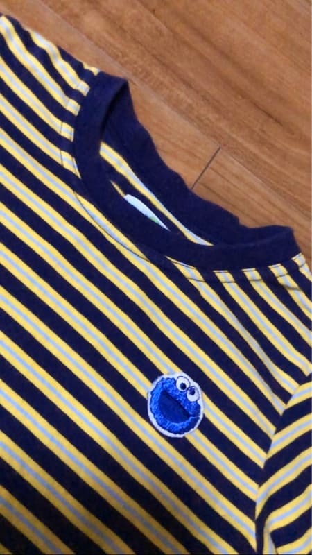 Sesame Street Cookie Monster Striped Long T-Shirt Navy Yellow