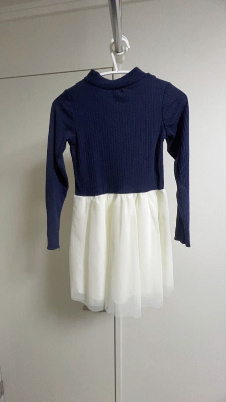 Navy Chiffon Frill Tulle Skirt Long Sleeve Dress 130cm