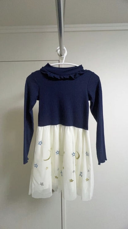 Navy Chiffon Frill Tulle Skirt Long Sleeve Dress 130cm