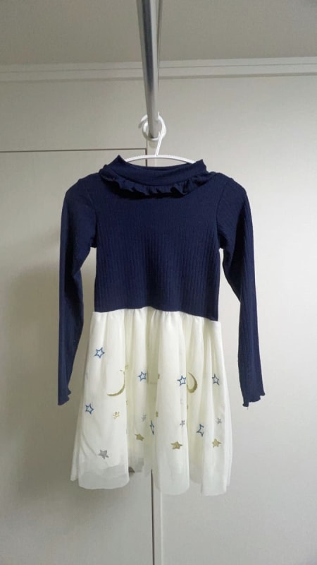 Navy Chiffon Frill Tulle Skirt Long Sleeve Dress 130cm