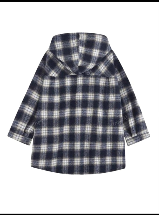 Check Pattern Hooded Shirt Jacket Oversized Casual