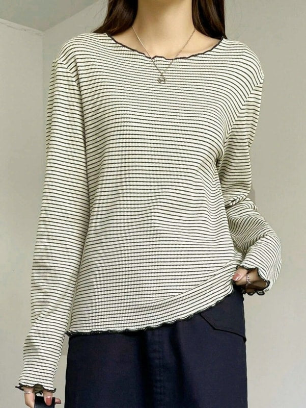 Striped Letter Trim T-Shirt Cool Neck Long Sleeve Spring Summer Women's