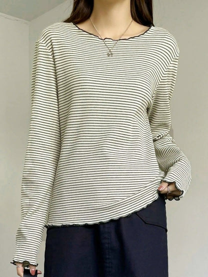 Striped Letter Trim T-Shirt Cool Neck Long Sleeve Spring Summer Women's