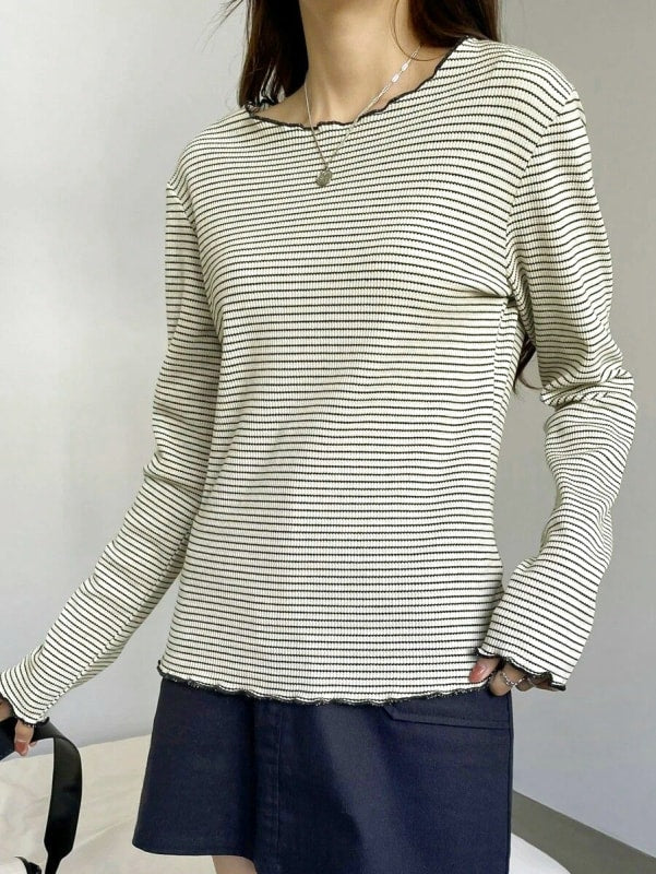 Striped Letter Trim T-Shirt Cool Neck Long Sleeve Spring Summer Women's