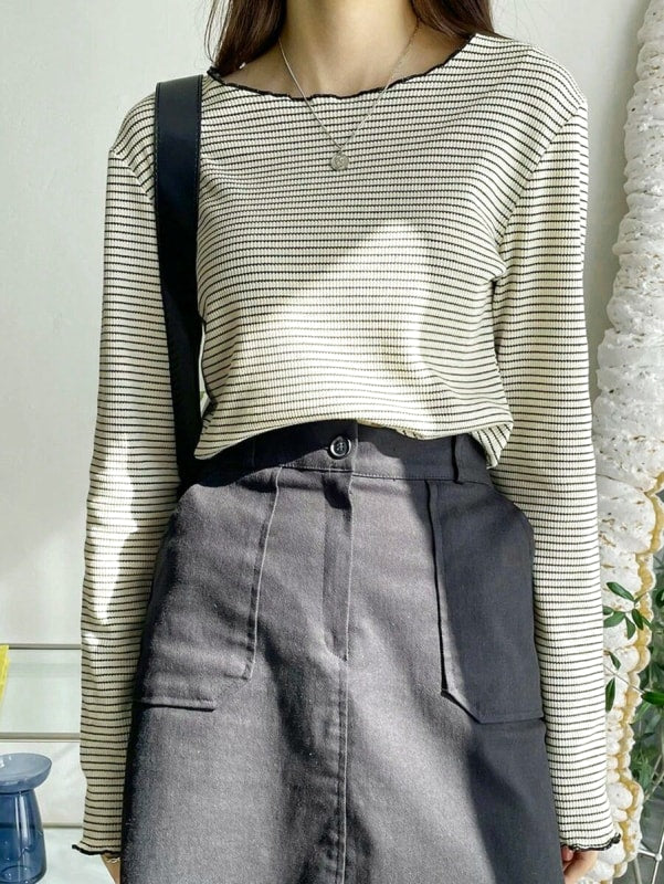 Striped Letter Trim T-Shirt Cool Neck Long Sleeve Spring Summer Women's