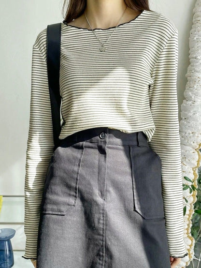 Striped Letter Trim T-Shirt Cool Neck Long Sleeve Spring Summer Women's