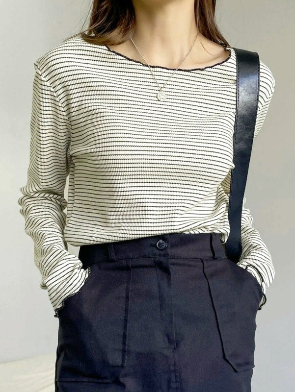 Striped Letter Trim T-Shirt Cool Neck Long Sleeve Spring Summer Women's