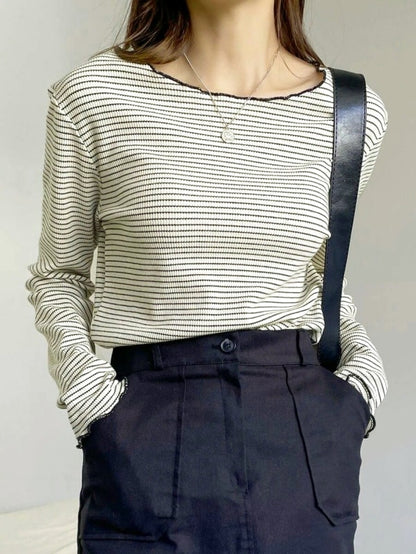 Striped Letter Trim T-Shirt Cool Neck Long Sleeve Spring Summer Women's