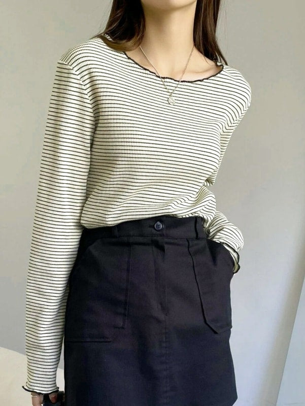 Striped Letter Trim T-Shirt Cool Neck Long Sleeve Spring Summer Women's