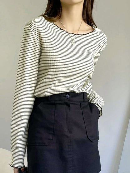 Striped Letter Trim T-Shirt Cool Neck Long Sleeve Spring Summer Women's