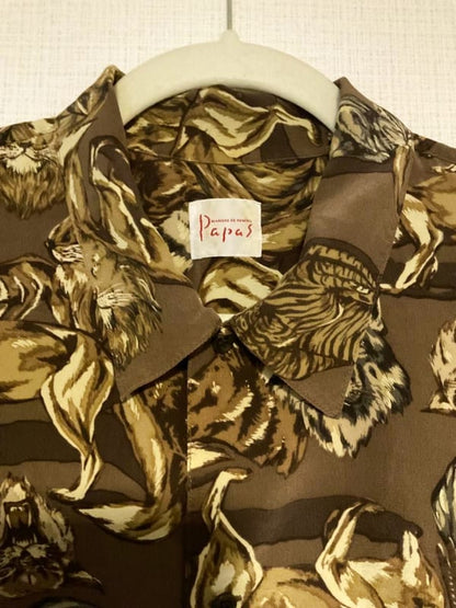 Papas Retro Vintage Animal Pattern Rayon Long Sleeve Shirt M