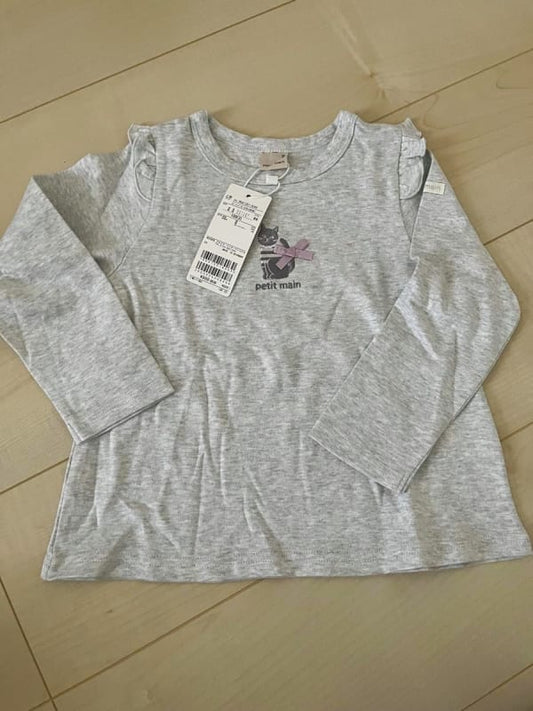 Petit Main Cat Print Shoulder Frill Long Sleeve T-Shirt Gray