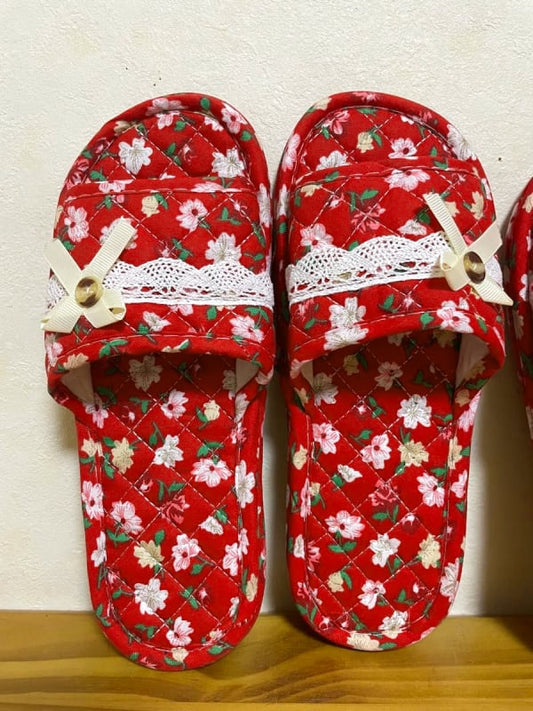 Room Shoes Home Slippers 2-Pair Set Red Floral Pattern