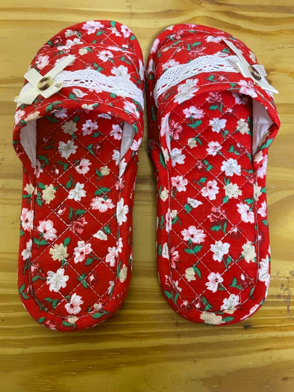 Room Shoes Home Slippers 2-Pair Set Red Floral Pattern