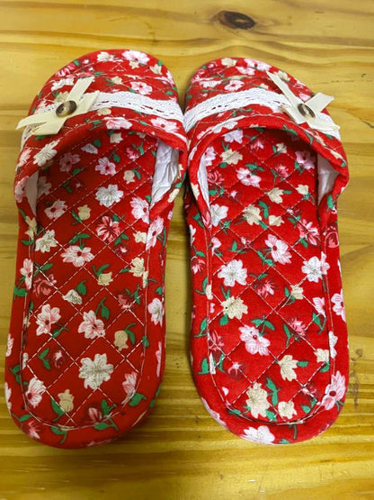 Room Shoes Home Slippers 2-Pair Set Red Floral Pattern