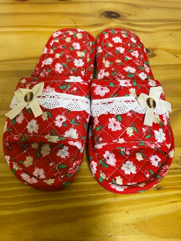 Room Shoes Home Slippers 2-Pair Set Red Floral Pattern