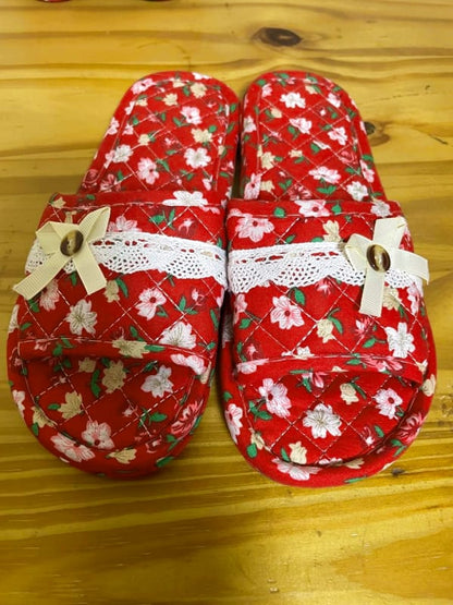 Room Shoes Home Slippers 2-Pair Set Red Floral Pattern