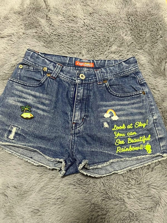 Angel Blue Denim Short Pants With Embroidery
