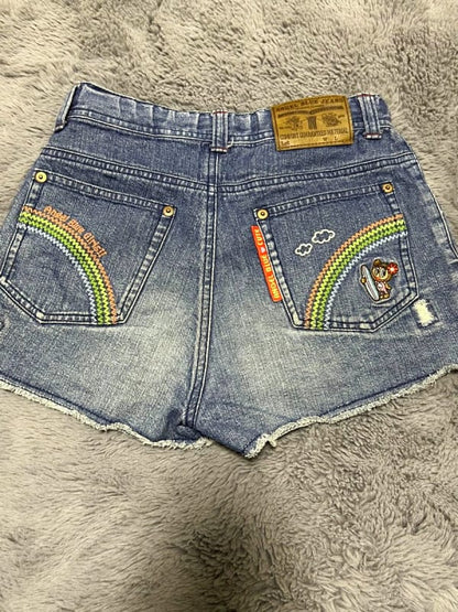 Angel Blue Denim Short Pants With Embroidery